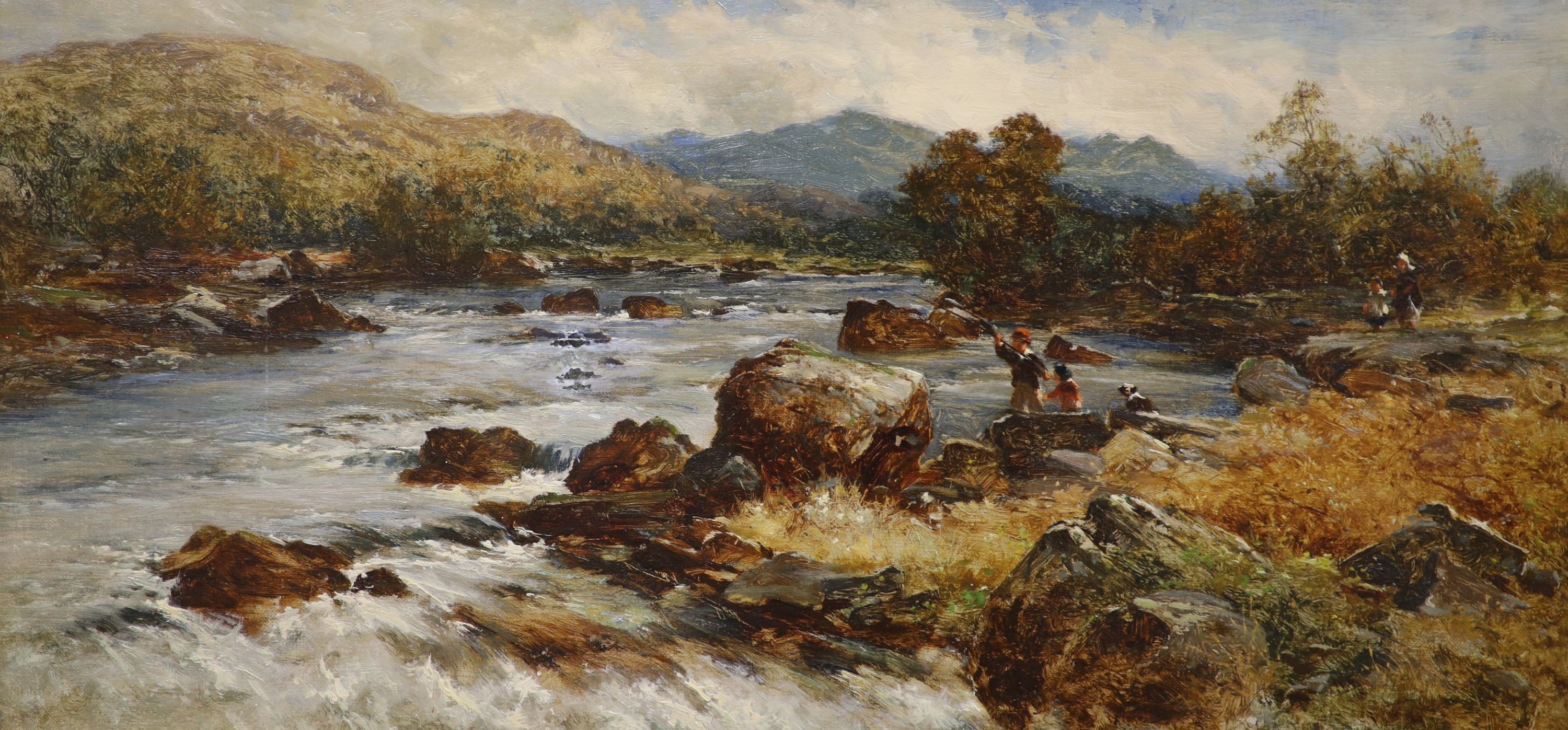 William E. ...(19th C.), oil on canvas, Anglers alongside a fast flowing stream, signed, 30 x 60cm